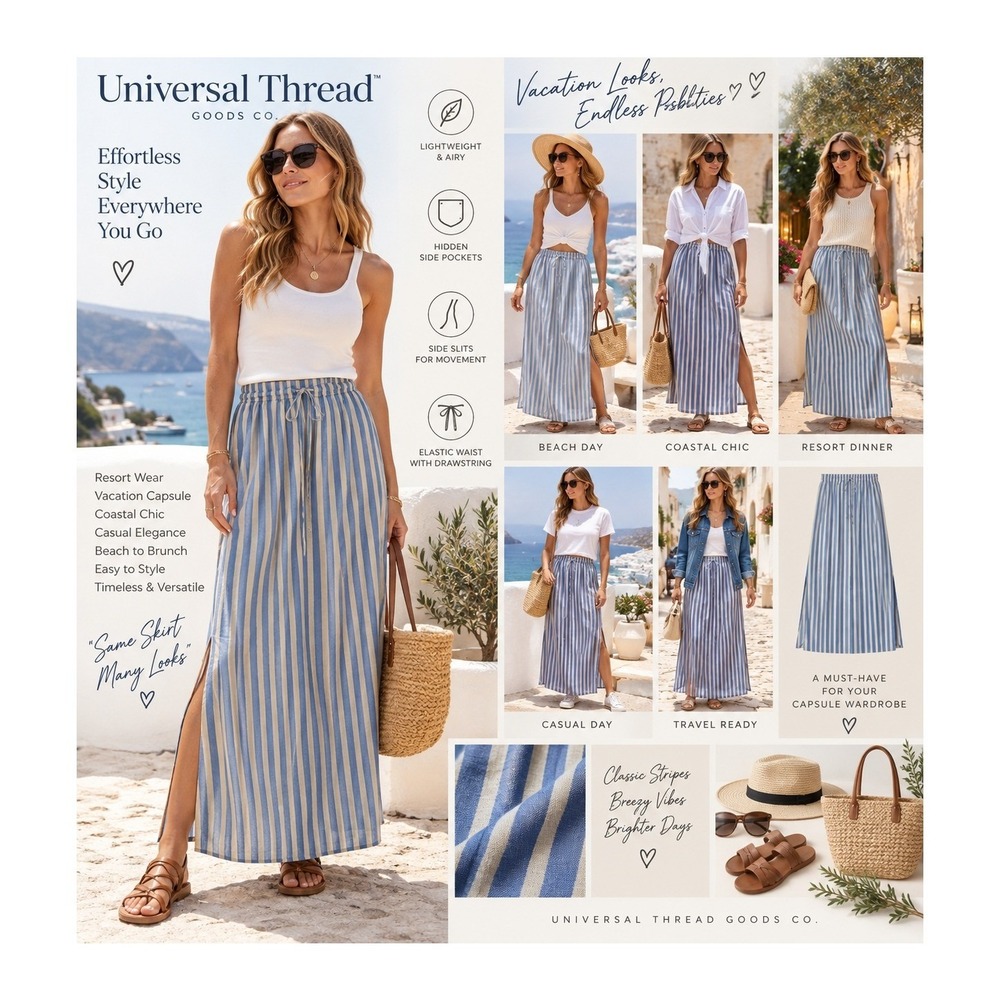 Universal Thread XL NWT Blue Stripe Maxi Skirt Side Slit Pockets Coastal Chic